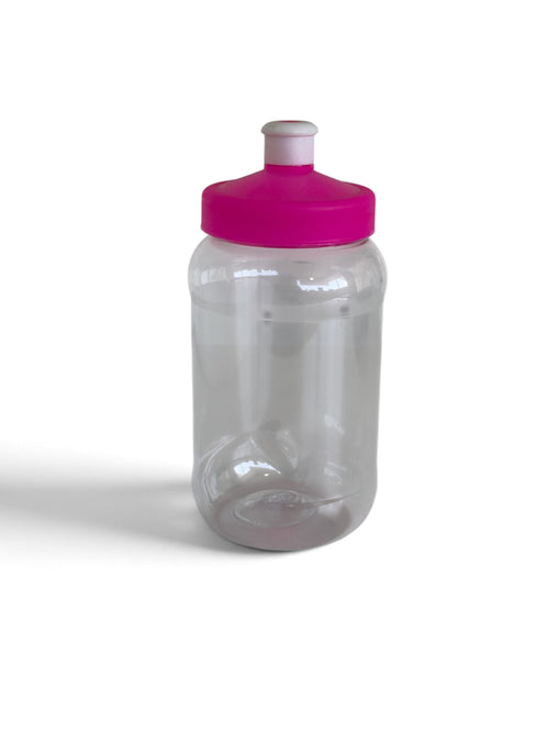 Cilindro transparente de 500 ml en PET ligero con tapa tipo chupón en variedad de colores personalizado con vinil.
