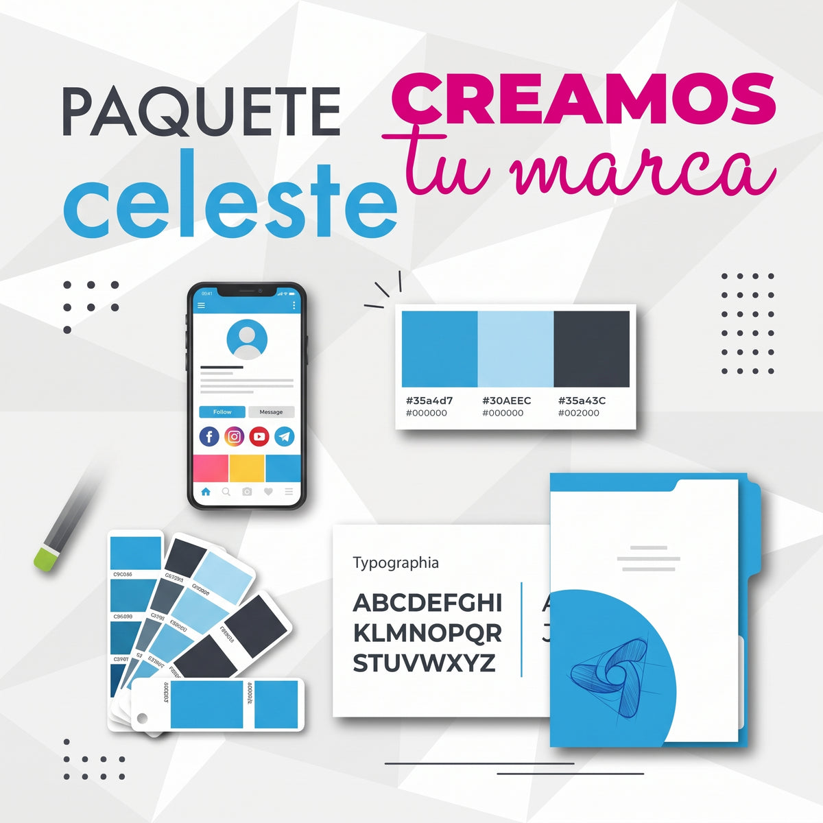 Paquete Celeste de diseño de logotipo, manual de identidad y kit para redes sociales en Metepec - Personálika