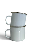 Taza de peltre esmaltada de 290 ml con borde metálico plateado personalizada mediante sublimación en Toluca y Metepec.